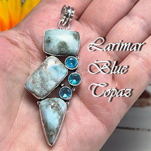 Larimar Blue Topaz Pendant Handmade Gemstone Crystal 925 Silver Bohemian Ethnic